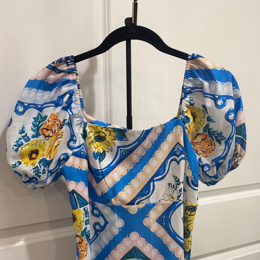 SundayUp Blue Floral Square Neck Dress with Puff Sleeves